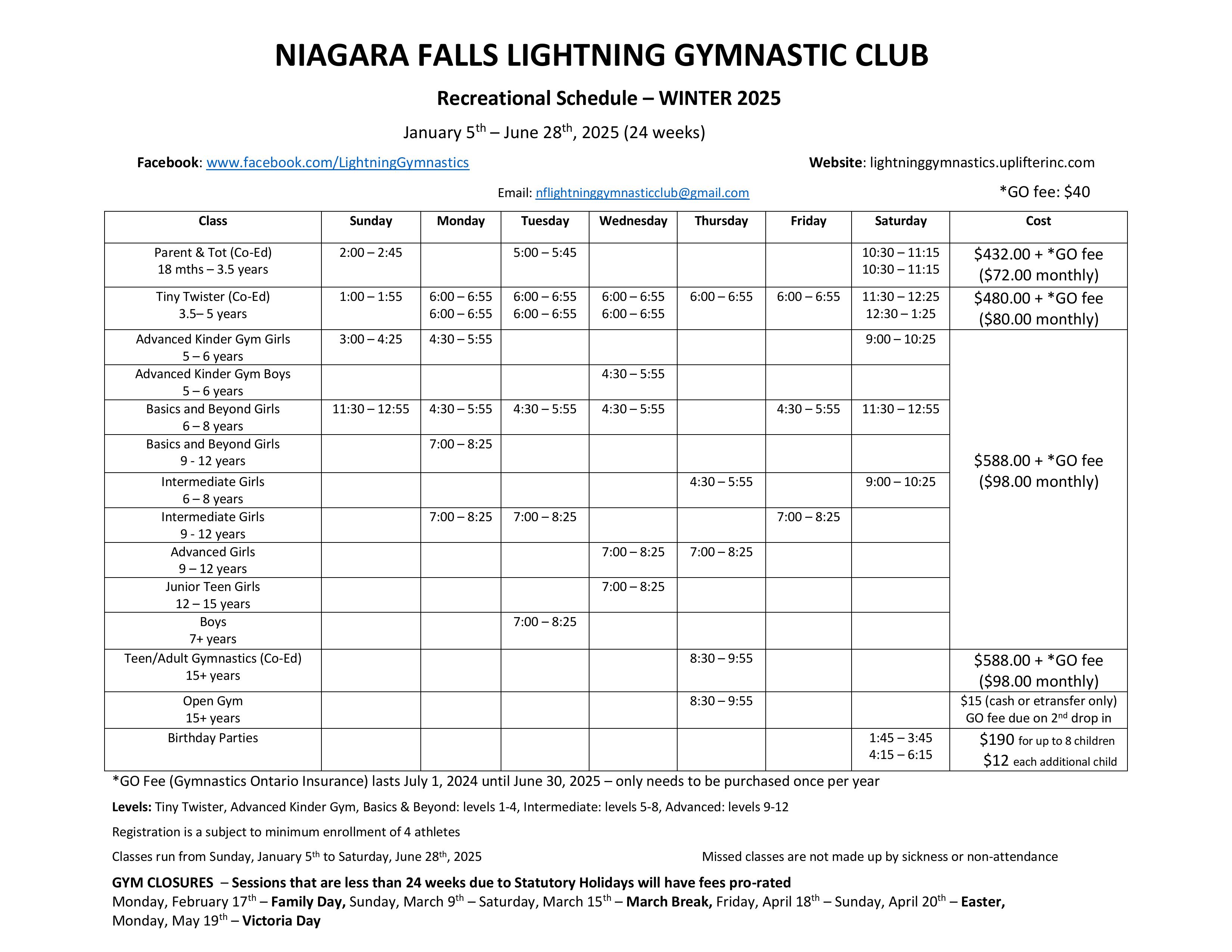 Winter/Spring Recreational Schedule 2025 Registration Niagara Falls